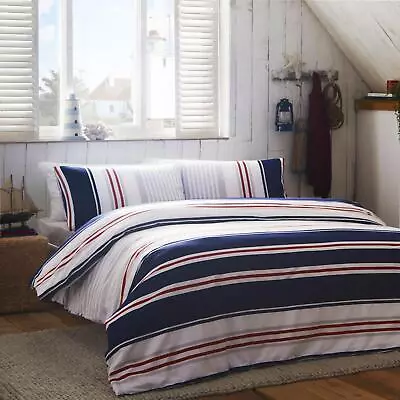 £14.39 • Buy Duvet Set Quilt Cover Nautical Stripe Red White Navy Blue Grey New England Style