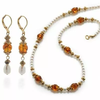 Gold Plated Baltic Amber Cultured Pearl Necklace 18 Inch Dangle Earrings 2 Inch • $88