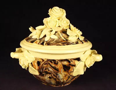 Vary Rare Marbled Agate Floral Sugar Bowl Mocha Mochaware Agateware Yellow Ware • $1350