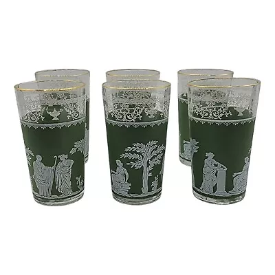 Vintage Jeanette Wedgwood Hellenic Greek Green 12 Oz Glasses Set Of 6 • $32