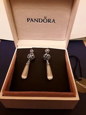 Pandora White Cats Eye Silver Drop Earrings • £50
