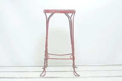 Antique . Chippy Red Wrought Iron Ice Cream Parlor Stool 24  High Wood Seat • $128