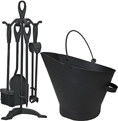 Waterloo Bucket Coal Log Fire Ash Scuttle Hod Fireside + 5 Piece Companion Set • £31.95