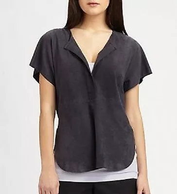 VINCE Women's Blue Suede Leather Half Placket Top Size L • $269.99