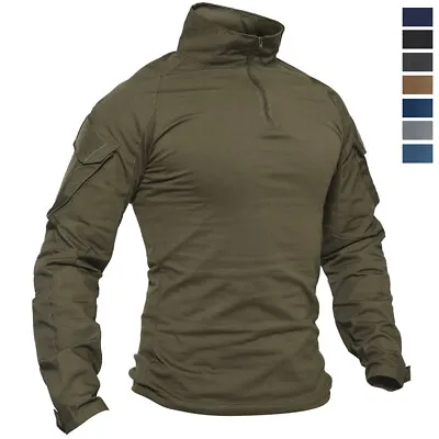 Men's Army Combat Shirts Military Tactical Training T-Shirts 1/4 Zip Ripstop Top • $29.98