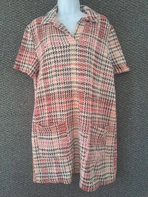 £7 • Buy Zara White Pink Black Plaid Houndstooth Knit Collared Dress - Size L - Pockets