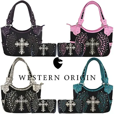 Western Cross Laser Cut Wing Country Handbag Purse Women Shoulder Bag Wallet Set • $107.59