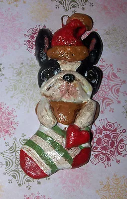 Folk Art Boston Terrier Dog Ornament Christmas Sock Decoration Vintage New • $53