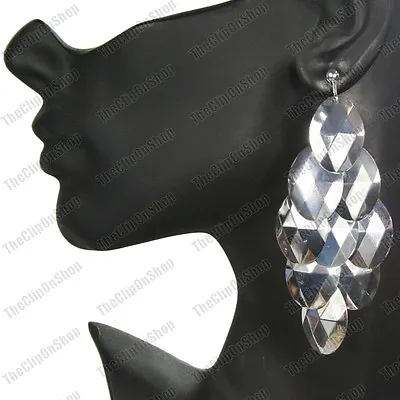 CLIP ON 4 Long BIG CHANDELIER EARRINGS Silver Fashion FACETED DROPS Clips • £3.99