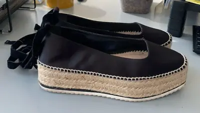 Zara Flatform Platform Espadrilles Satin Tie Up Black SIZE 39 • $35