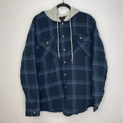 Wrangler Hoodie Jacket Mens Large Blue Long Sleeve Plaid Flannel Quilted Shacket • $22.87