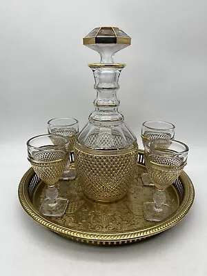 Imperial Glass Barware Gold Decanter W/ 4 Glasses & Tray Beautiful Vintage Set! • $168.52