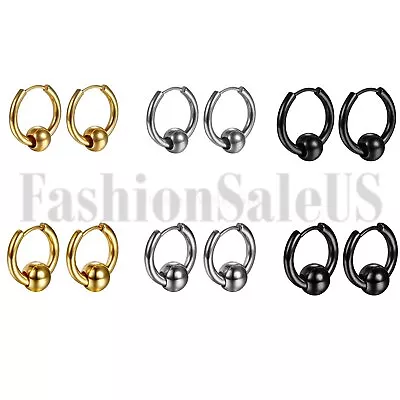 2PCS Stainless Steel Men Women Unisex Charm Bead Hoop Huggie Earrings Studs New • $7.99