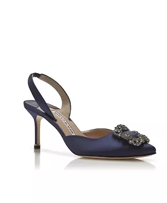 Manolo Blahnik Hangisi Navy Satin Slingback Heels SIZE 40 / 70mm • $798