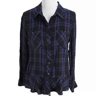 CAbi Moody Plaid Peplum Shirt Womens Size M Black Blue Check Button Front 3431 • $25.99