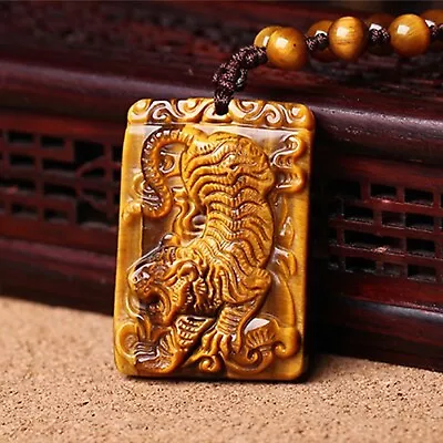 Natural Tiger's Eye Lucky Men Gift Carved Pattern Tiger Oblong Pendant • $19.90