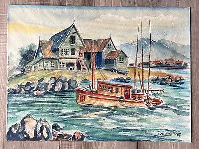 1954 Watercolor Painting Signed “Loehrer” Fishing Boat House Mountains Seaside • $95