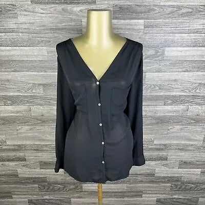 H&M V-Neck Button Down Front Pockets Black Long Sleeve Shirt Women's Size 8 • $6.25