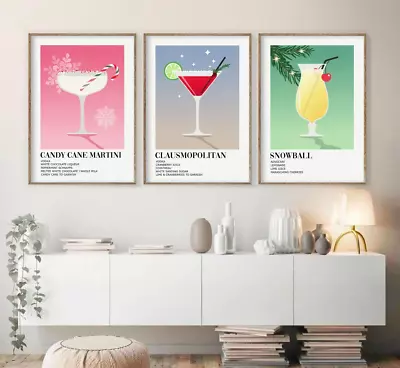 Set Of 3 Christmas Cocktail Drinks Bar Cart Colourful Retro Wall Art Home Decor • $34.90