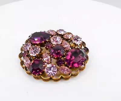 Vintage Austria Pin Brooch Purple Pink Rinestone Gold Tone Filgaree Accents • $85