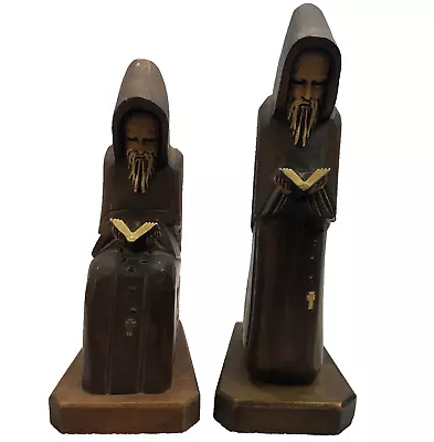 2 Vintage Hand Carved Wood  Monk Friar Figurines Seated 9 In Standing 10 In • $26.88