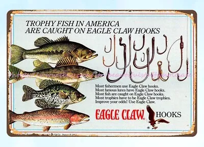 Purchase Art 1983 America Trophy Fish Caught On Eagle Claw Hooks Metal Tin Sign • $18.89
