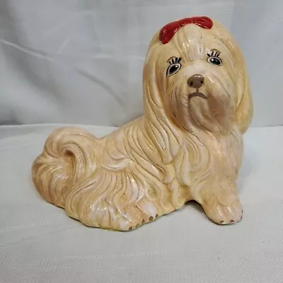 Vintage Ceramic Maltese Dog Statue Figurine With Rwd Bow • $25