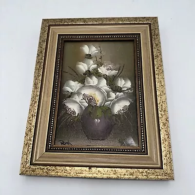 Vtg Small Framed Oil Painting On Canvas Board Signed Rush Still Life Flowers • $9.99