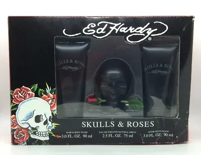 Skulls & Roses By Ed Hardy 3 Pc Set 2.5 Oz EDT + AS Balm + Wash Damaged Box R1 • $29.99