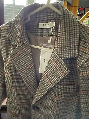 Plaid Check Wool Tweed Jacket With Tan Vegan Leather BNWT Medium Blazer • £28.99