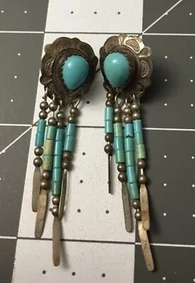 Signed QT Sterling Silver 925 Turquoise Dangle Chandelier Stud Earrings Retro Vt • $29.99