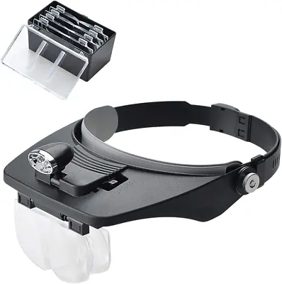 Headband Magnifier Handsfree Headset Loupe With 2 LED Light 4 Detachable Lenses • £18.64