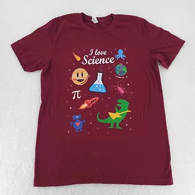 I Love Science Mens Shirt Large Burgundy Cute Artwork Flask Dinosaur Robot Pi • $14