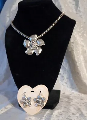 Vintage Brighton Floral Design Necklace And Earring Set Silvertone/Rhinestones • $48.55