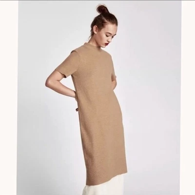 $35 • Buy Zara Tan Mock Neck Sweater Shift Dress Short Sleeve Small