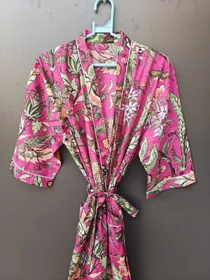 Indian Pink Butterfly Print Kimono Robe Sleepwear Maxi Night Gown Kimonos Robes • $39.92