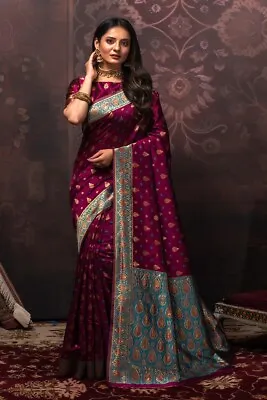 $50 • Buy Indian Wedding Style Purple Banarasi Saree New Jacquard Woven Design Party Saree