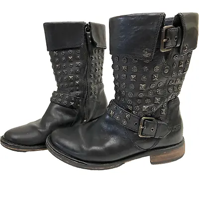 Ugg Australia Women's Conor Punk Leather Moto Boots Studs Buckle Black Size 6.5 • $150