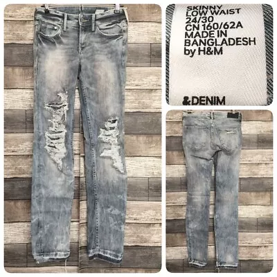 H&M Skinny Low Waist Jeans Women’s 24/30 Distressed Acid Wash Raw Hem Gray Blue • $9.99