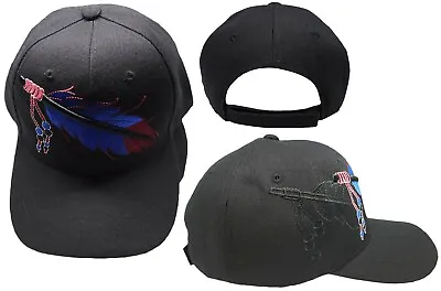 Native Pride INDIAN Large Blue Red Feather Shadow Black Embroidered Cap Hat • $10.88