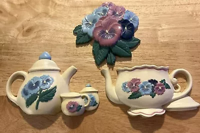 3 Vintage Pansy Teapot Burwood Wall Art Plaque Floral Decor Set  • £19.95