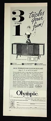 Olympic Stereocenter 3 For 1 MCM Ent Cabinet TV/Stereo 1962 H&G VTG Print Ad • $5