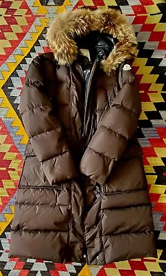 MONCLER Melina Women's Brown Down Mid-length Parka With Fox Trim Hood Size 1 • $500