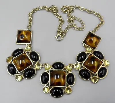 90s Vintage Bib Necklace Square Oval Cabochon Choker Animal Print Geometric 22  • $18