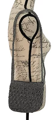 Crochet Handbag Purse Gray With Black Metallic Beaded Roping Small Dual Handles • $19.94