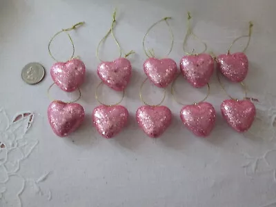 Pkg Of 10-Miniature 1  Pink Glitter Heart Valentines Day Ornaments NEW   • $5.99