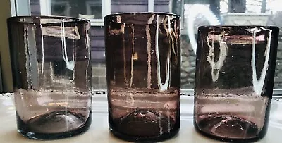 Mexican Purple Drinking Glass Bubble Hand Crafted Rough Pontil Recycled Set Of 3 • $30.99