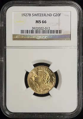 1927B Switzerland Gold 20 Francs KM-31 NGC MS-66 • $628.88