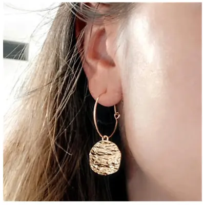 Classic Hammered Gold Coin Hoop Pierced Drop Earrings  UK Fast & Free • £4.99