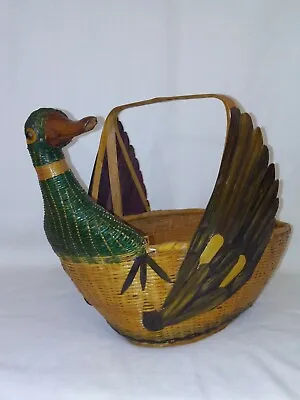 Vintage Woven Wicker Basket With Handle Mallard Duck Handpainted  15 X11 X8  • $16.95